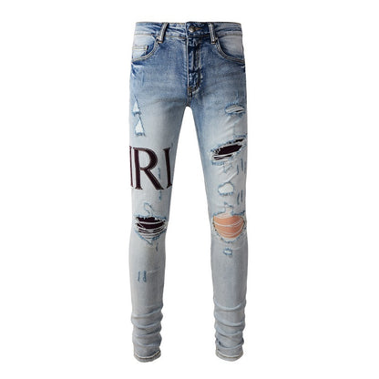 European and American Street Tide Letter Embroidered Jeans High Street Tide Men Slim-fitting Small Feet Jeans #1301