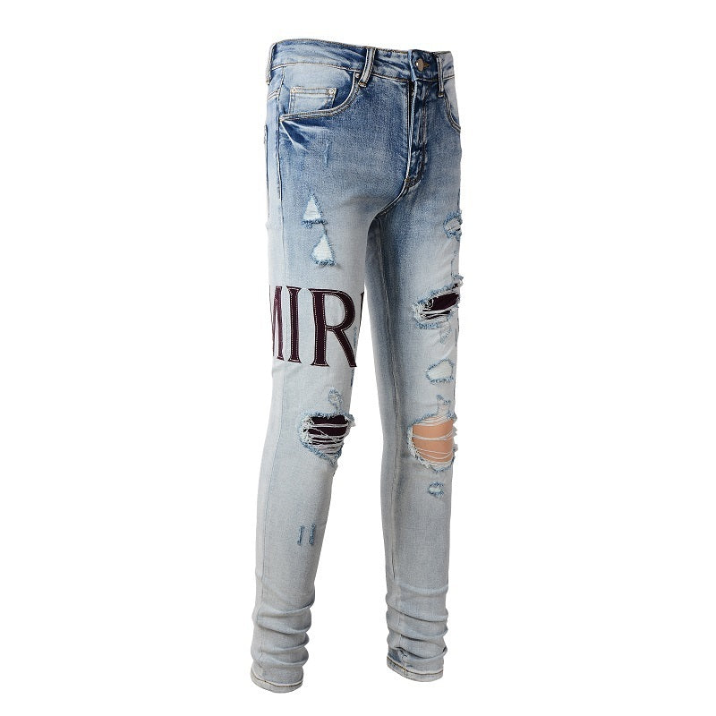 European and American Street Tide Letter Embroidered Jeans High Street Tide Men Slim-fitting Small Feet Jeans #1301
