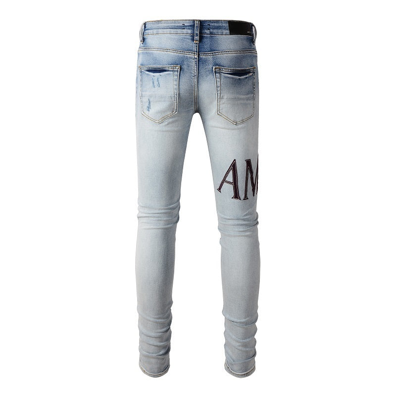 European and American Street Tide Letter Embroidered Jeans High Street Tide Men Slim-fitting Small Feet Jeans #1301