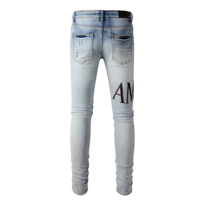 European and American Street Tide Letter Embroidered Jeans High Street Tide Men Slim-fitting Small Feet Jeans #1301