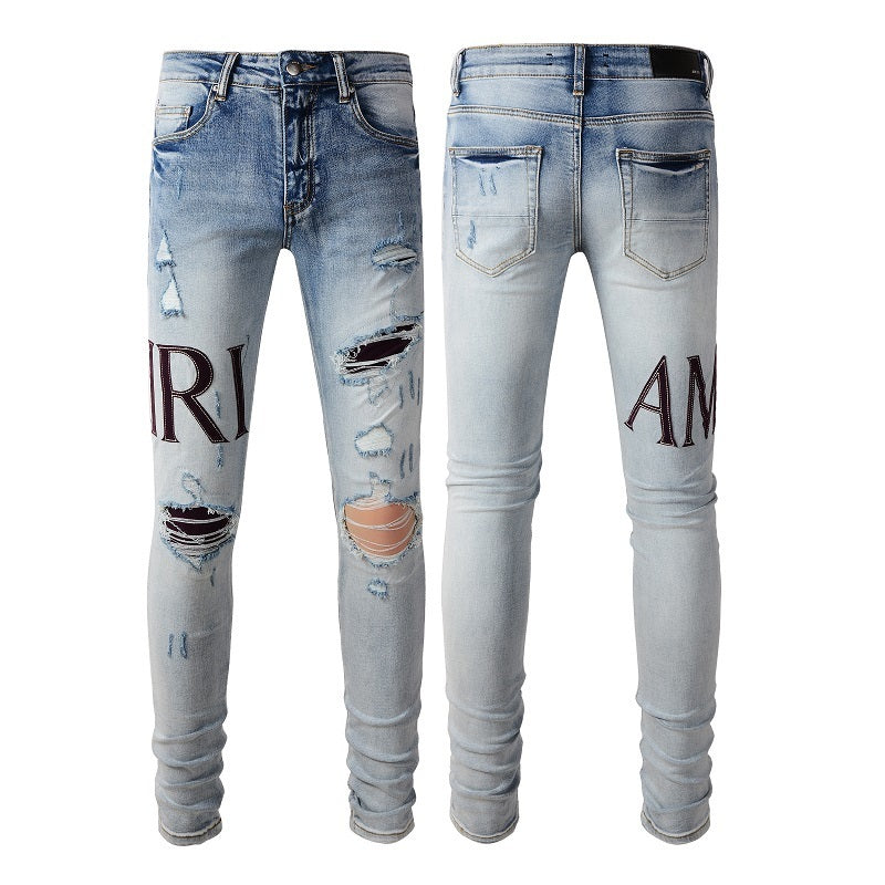 European and American Street Tide Letter Embroidered Jeans High Street Tide Men Slim-fitting Small Feet Jeans #1301