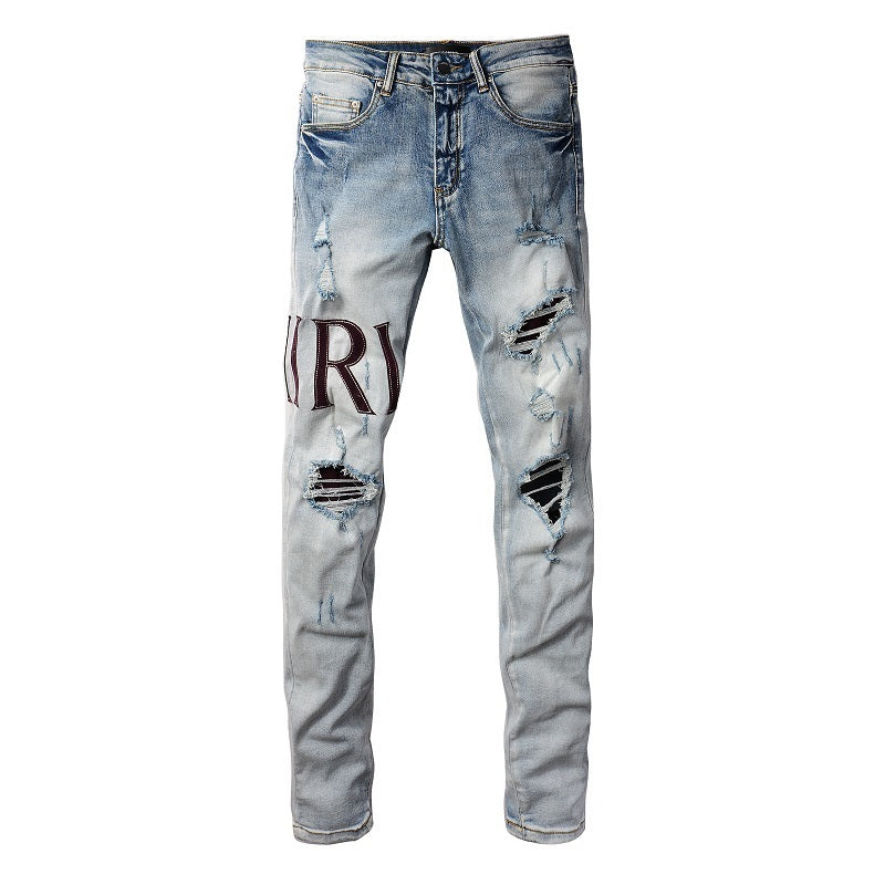 European and American Street Tide Letter Embroidered Jeans High Street Tide Men Slim-fitting Small Feet Jeans #1301