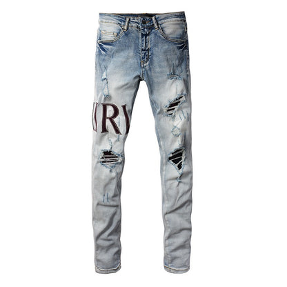 European and American Street Tide Letter Embroidered Jeans High Street Tide Men Slim-fitting Small Feet Jeans #1301