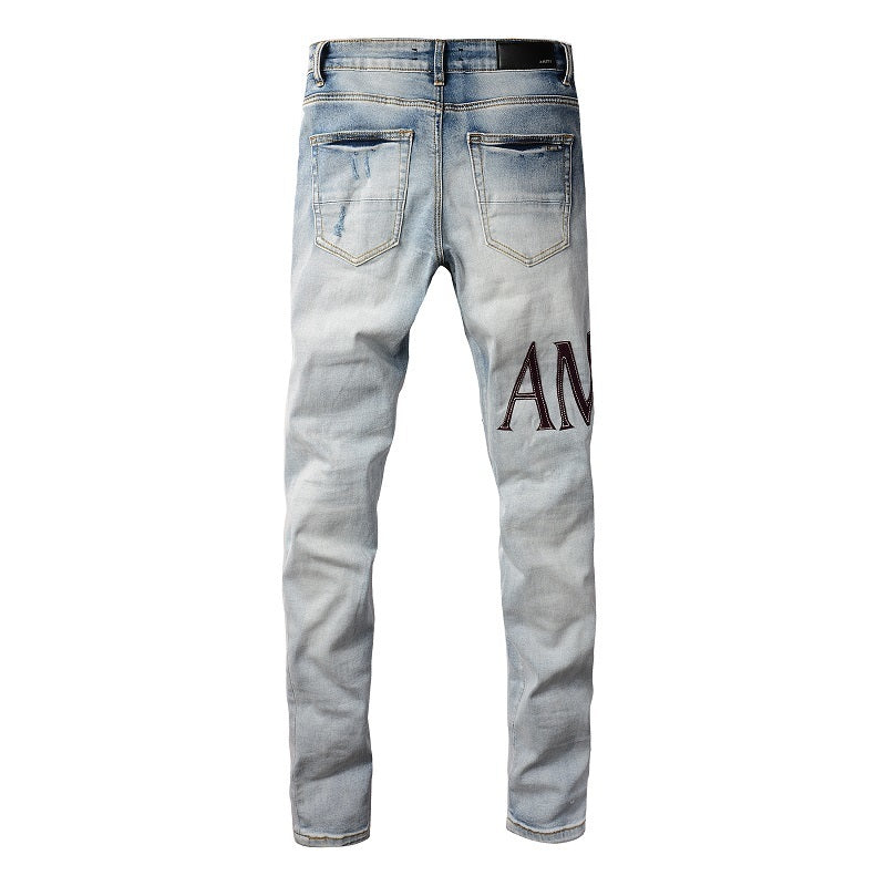 European and American Street Tide Letter Embroidered Jeans High Street Tide Men Slim-fitting Small Feet Jeans #1301