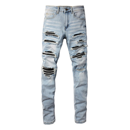 1307 European and American High Street Jeans Sticker Hand worn Ripped Jeans Slim fitting and Thin Small Feet Jeans