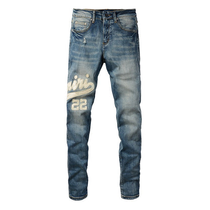 European and American High Street Jeans Letter Sticker Leather Embroidery Trendy Brand Elastic Slim Jeans Men #1311