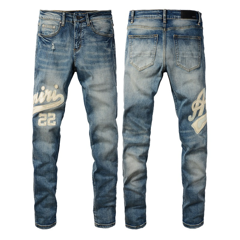 European and American High Street Jeans Letter Sticker Leather Embroidery Trendy Brand Elastic Slim Jeans Men #1311