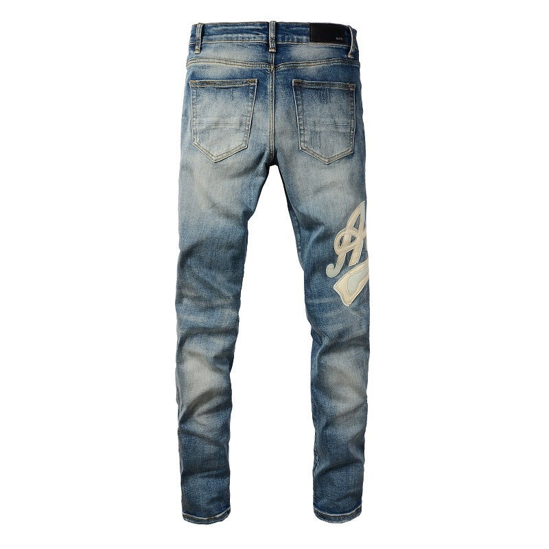 European and American High Street Jeans Letter Sticker Leather Embroidery Trendy Brand Elastic Slim Jeans Men #1311