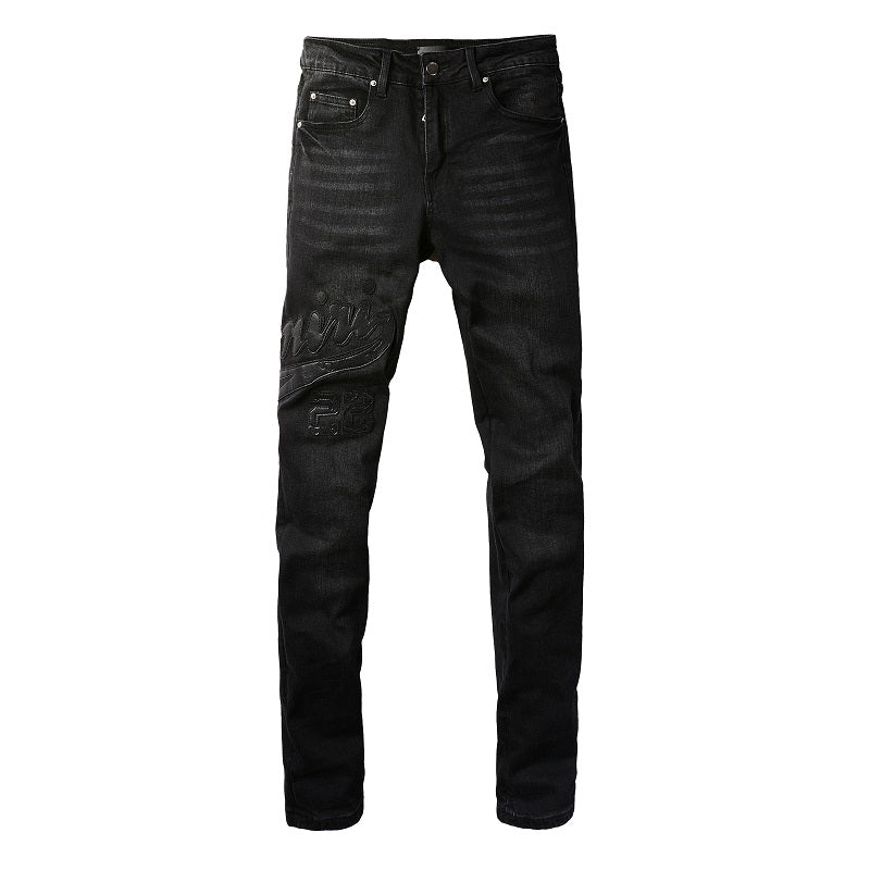 European and American Street Tide Embroidery Splicing Jeans High Street Trendy Men Stretch Slim Jeans #1312