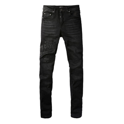 European and American Street Tide Embroidery Splicing Jeans High Street Trendy Men Stretch Slim Jeans #1312