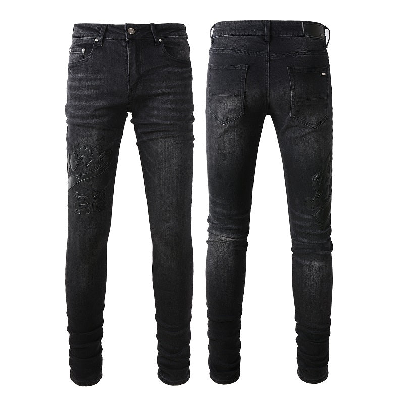 European and American Street Tide Embroidery Splicing Jeans High Street Trendy Men Stretch Slim Jeans #1312