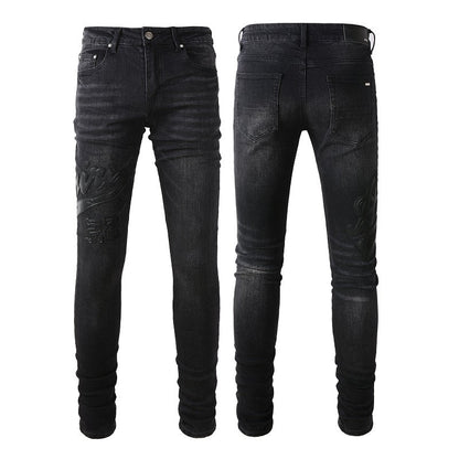 European and American Street Tide Embroidery Splicing Jeans High Street Trendy Men Stretch Slim Jeans #1312