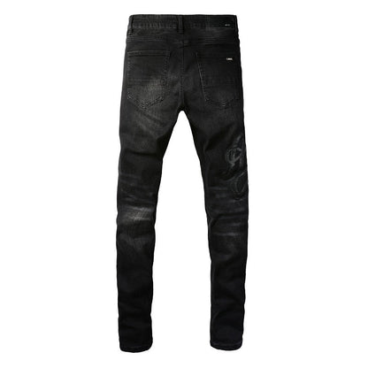 European and American Street Tide Embroidery Splicing Jeans High Street Trendy Men Stretch Slim Jeans #1312
