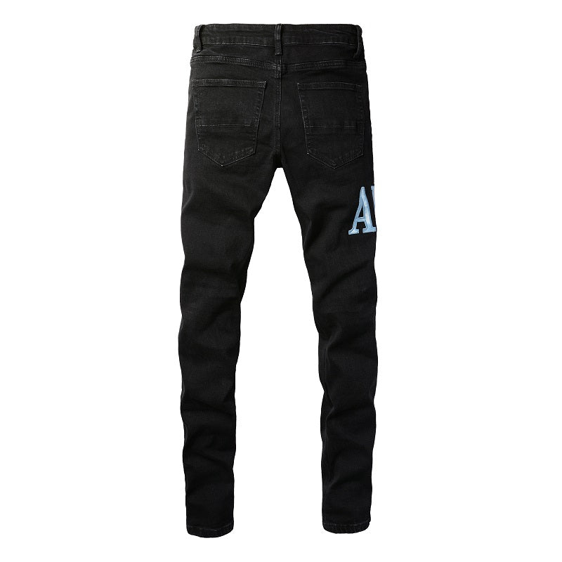 European and American High Street Jeans Men's Ripped Patch Slim and Thin Light Blue Pants #1315