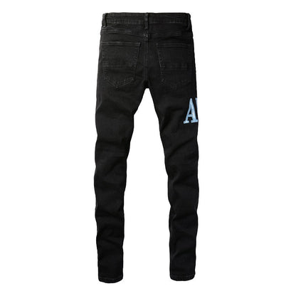 European and American High Street Jeans Men's Ripped Patch Slim and Thin Light Blue Pants #1315