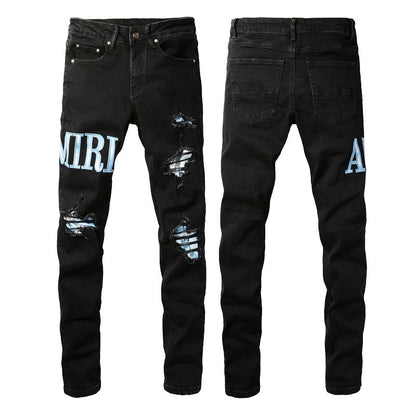 European and American High Street Jeans Men's Ripped Patch Slim and Thin Light Blue Pants #1315