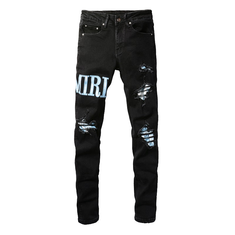 European and American High Street Jeans Men's Ripped Patch Slim and Thin Light Blue Pants #1315