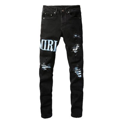 European and American High Street Jeans Men's Ripped Patch Slim and Thin Light Blue Pants #1315