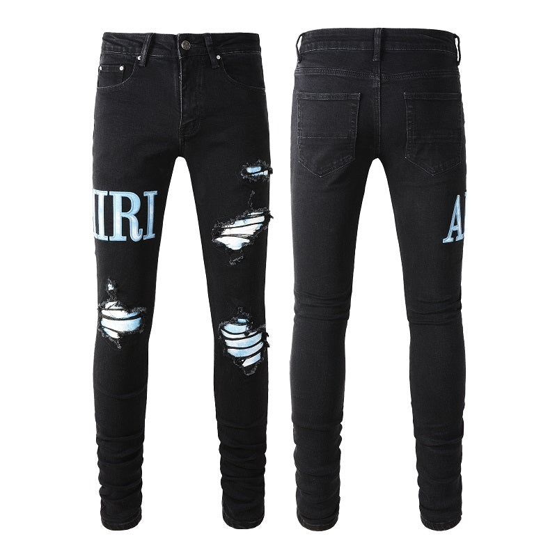 European and American High Street Jeans Men's Ripped Patch Slim and Thin Light Blue Pants #1315
