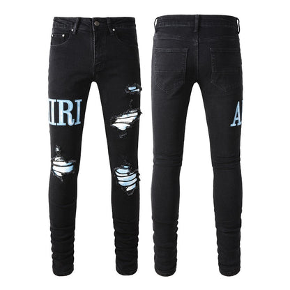 European and American High Street Jeans Men's Ripped Patch Slim and Thin Light Blue Pants #1315