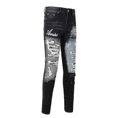 Men’s Black Distressed Skinny Jeans with Patchwork Detail 1322