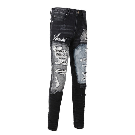 Men’s Black Distressed Skinny Jeans with Patchwork Detail 1322