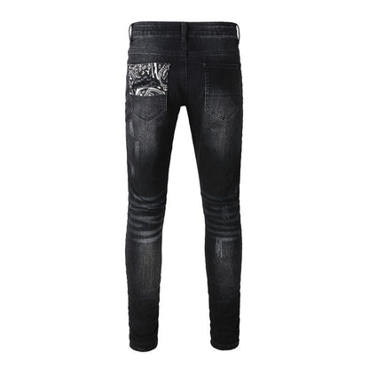 Men’s Black Distressed Skinny Jeans with Patchwork Detail 1322