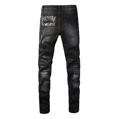 Men’s Black Distressed Skinny Jeans with Patchwork Detail 1322