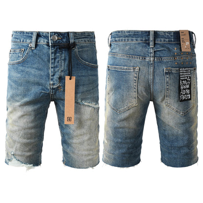 Men Streetwear Denim Shorts Blue Washed with Ripped Detail Raw Hem and Graphic Patch 2002