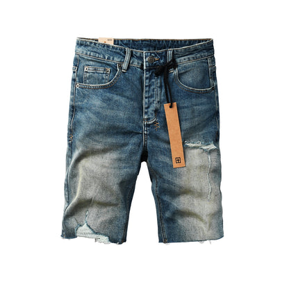 Men Streetwear Denim Shorts Blue Washed with Ripped Detail Raw Hem and Graphic Patch 2002