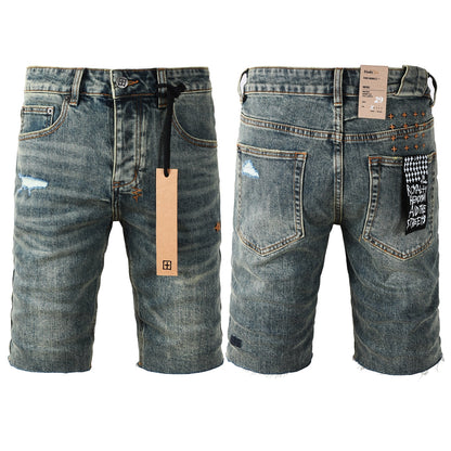 Men Streetwear Denim Shorts Dark Washed Blue with Distressed Details Raw Hem and Graphic Patch 2004