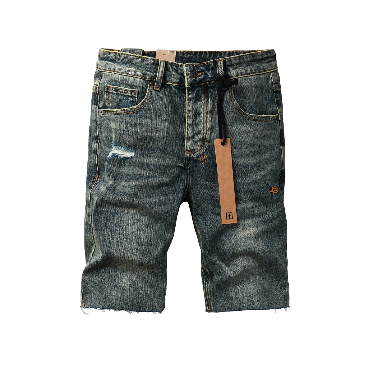 Men Streetwear Denim Shorts Dark Washed Blue with Distressed Details Raw Hem and Graphic Patch 2004