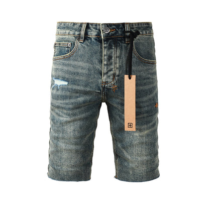 Men Streetwear Denim Shorts Dark Washed Blue with Distressed Details Raw Hem and Graphic Patch 2004
