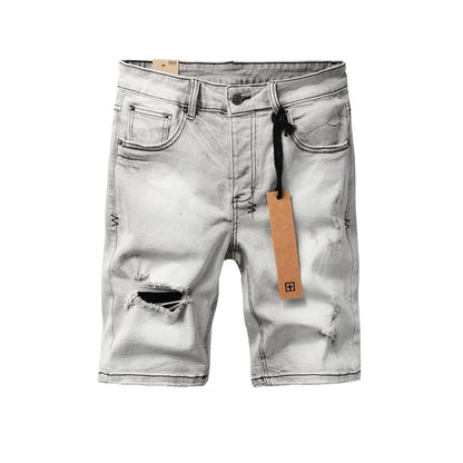 Mens Light Grey Distressed Denim Shorts with Ripped Detail Casual Streetwear Summer Jean Shorts 2011