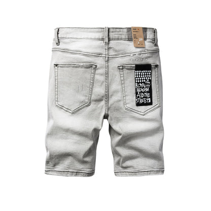 Mens Light Grey Distressed Denim Shorts with Ripped Detail Casual Streetwear Summer Jean Shorts 2011