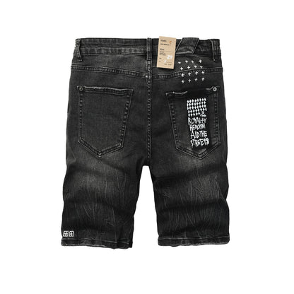Mens Black Distressed Denim Shorts with Graphic Print Casual Streetwear Summer Jean Shorts 2013