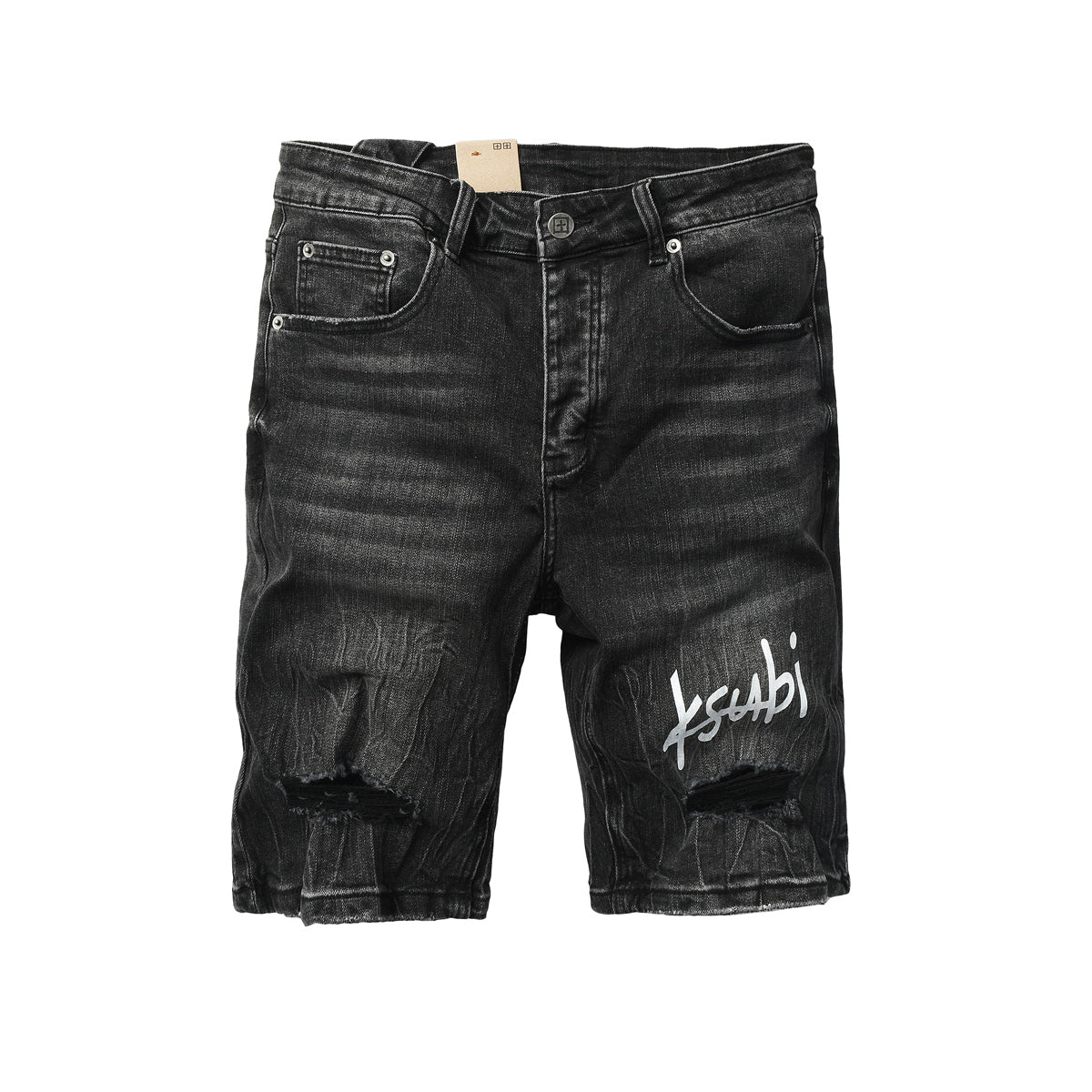 Mens Black Distressed Denim Shorts with Graphic Print Casual Streetwear Summer Jean Shorts 2013