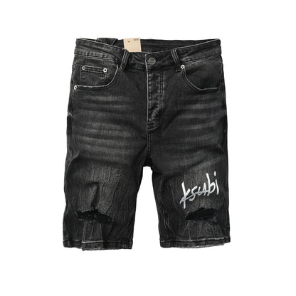 Mens Black Distressed Denim Shorts with Graphic Print Casual Streetwear Summer Jean Shorts 2013