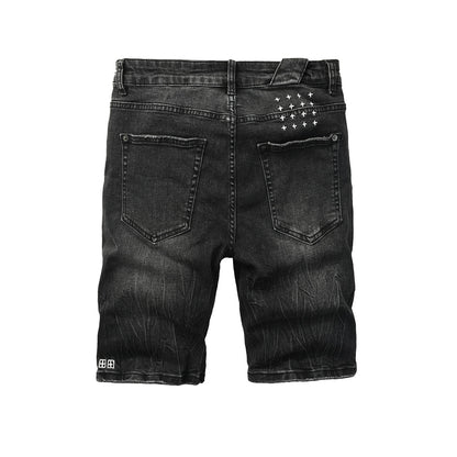 Mens Black Distressed Denim Shorts with Graphic Print Casual Streetwear Summer Jean Shorts 2013