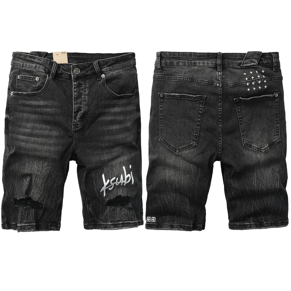 Mens Black Distressed Denim Shorts with Graphic Print Casual Streetwear Summer Jean Shorts 2013