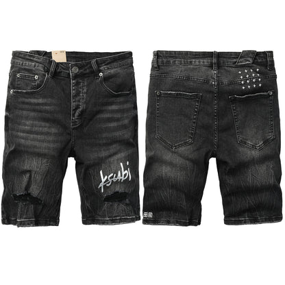 Mens Black Distressed Denim Shorts with Graphic Print Casual Streetwear Summer Jean Shorts 2013