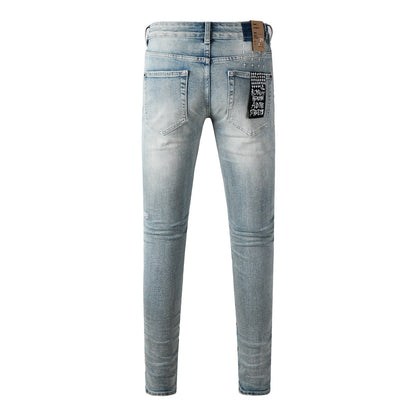 Men Streetwear Jeans Light Blue Washed with Clean Look and Graphic Back Pocket Patch 3032