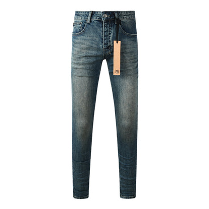Men Streetwear Jeans Vintage Blue Washed with Clean Look and Graphic Back Pocket Patch 3033