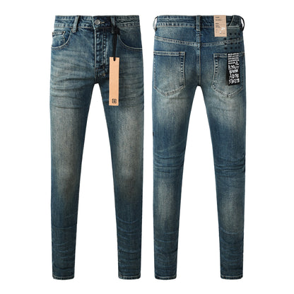 Men Streetwear Jeans Vintage Blue Washed with Clean Look and Graphic Back Pocket Patch 3033