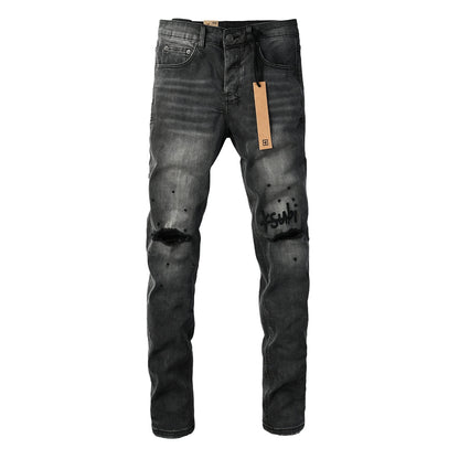 Men Streetwear Jeans Washed Black with Ripped Knees Paint Splatter and Graphic Patch 3034