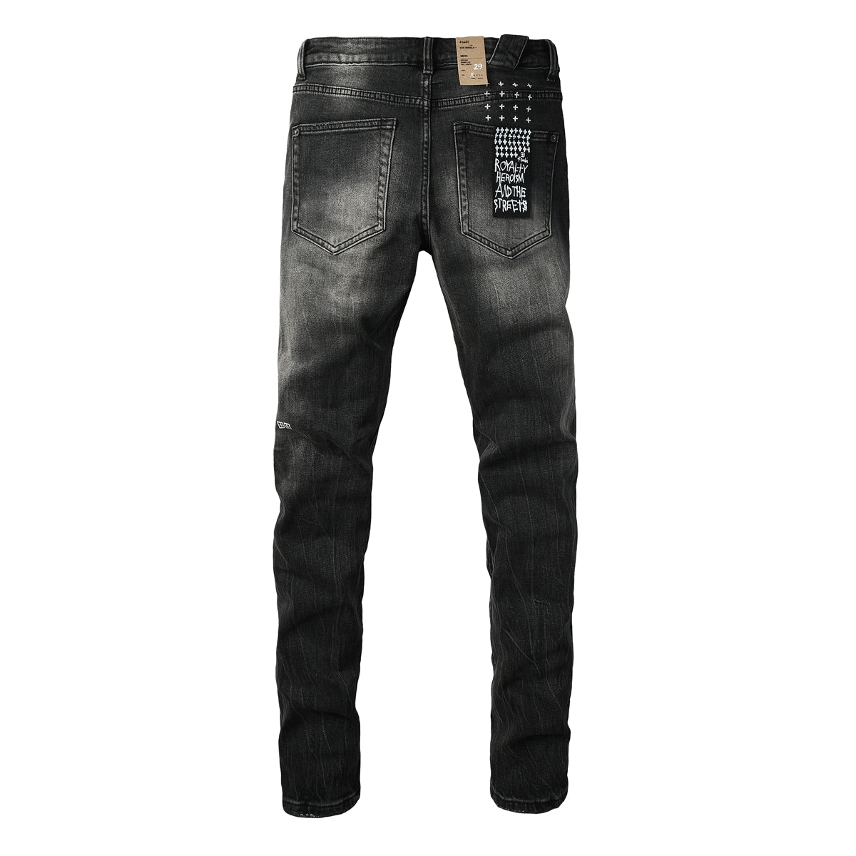Edgy Streetwear Men’s Black Ripped Jeans with Graphic Back Print and Natural Fade Effect for Everyday Looks 3035
