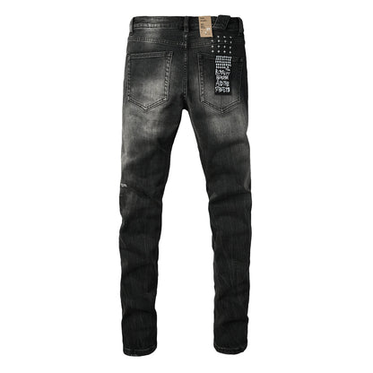 Edgy Streetwear Men’s Black Ripped Jeans with Graphic Back Print and Natural Fade Effect for Everyday Looks 3035