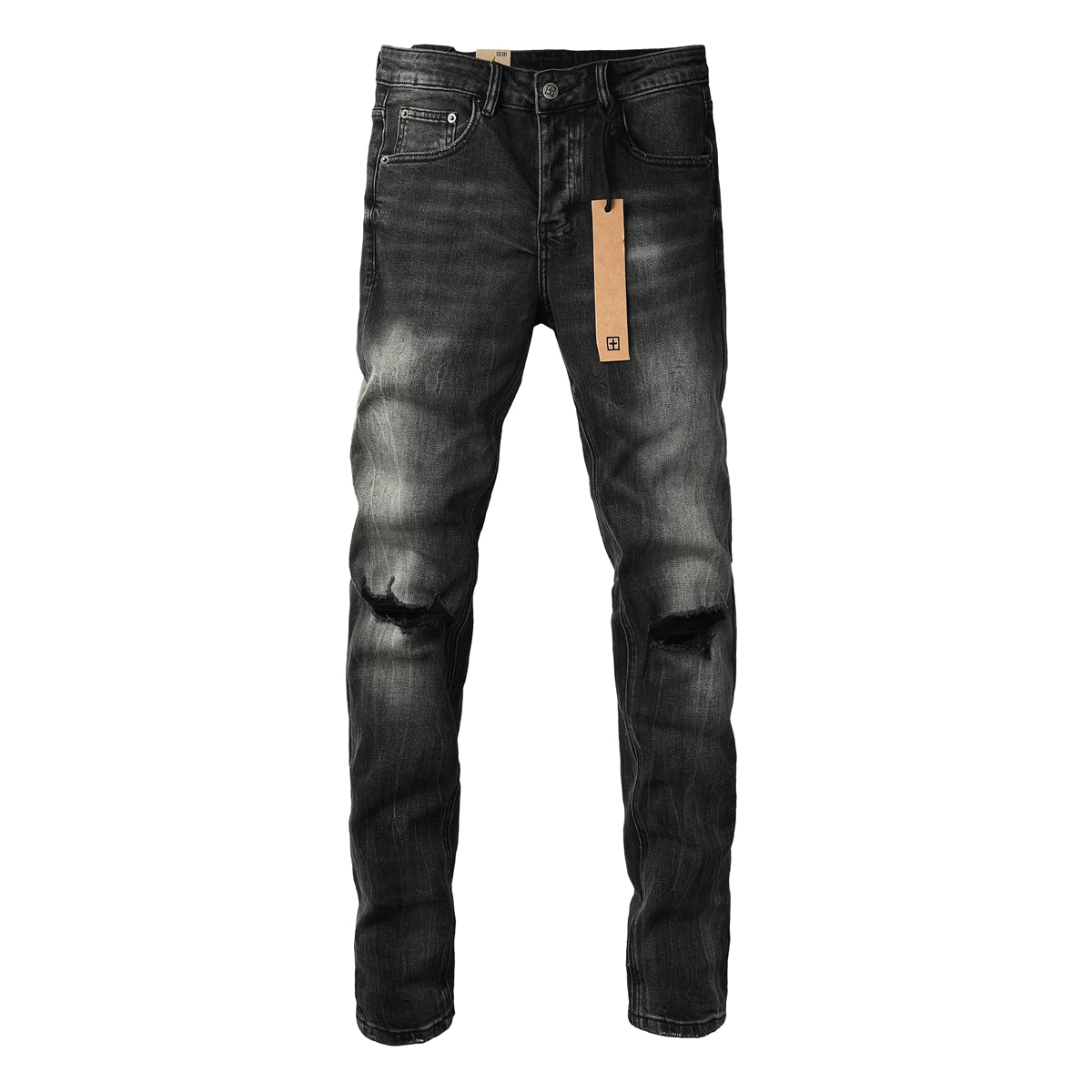 Edgy Streetwear Men’s Black Ripped Jeans with Graphic Back Print and Natural Fade Effect for Everyday Looks 3035