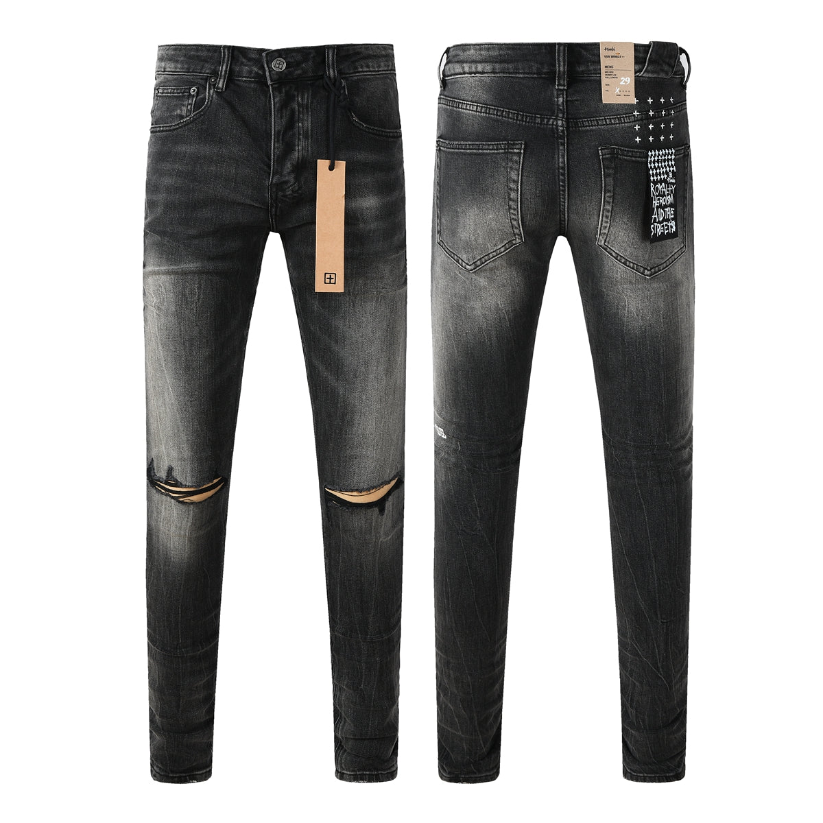 Edgy Streetwear Men’s Black Ripped Jeans with Graphic Back Print and Natural Fade Effect for Everyday Looks 3035
