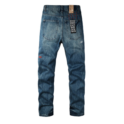Men Streetwear Jeans Vintage Blue Washed with Knee Repair Details and Graphic Back Pocket Patch 3039